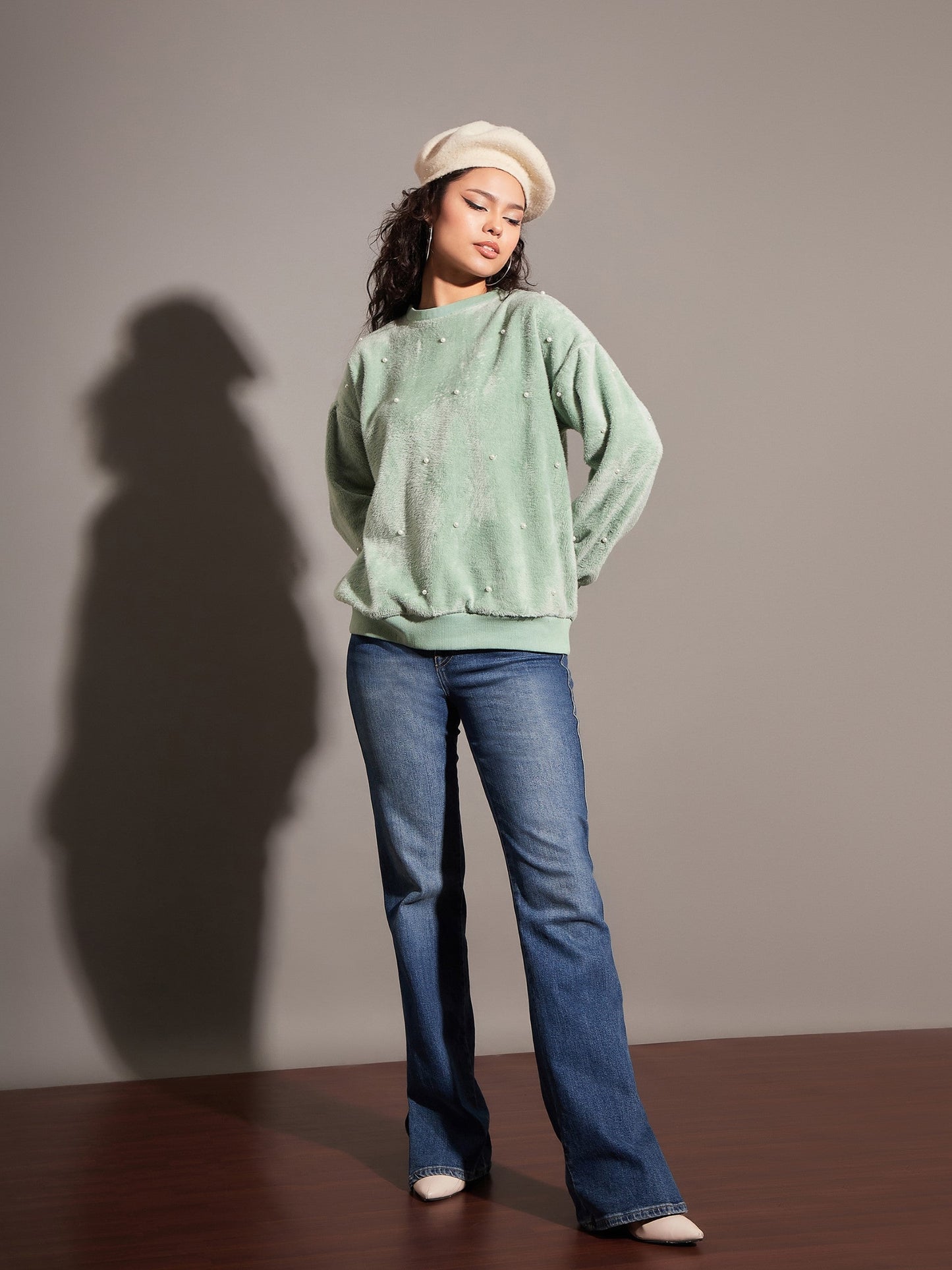 Sea Green Fur Pearl Sweatshirt