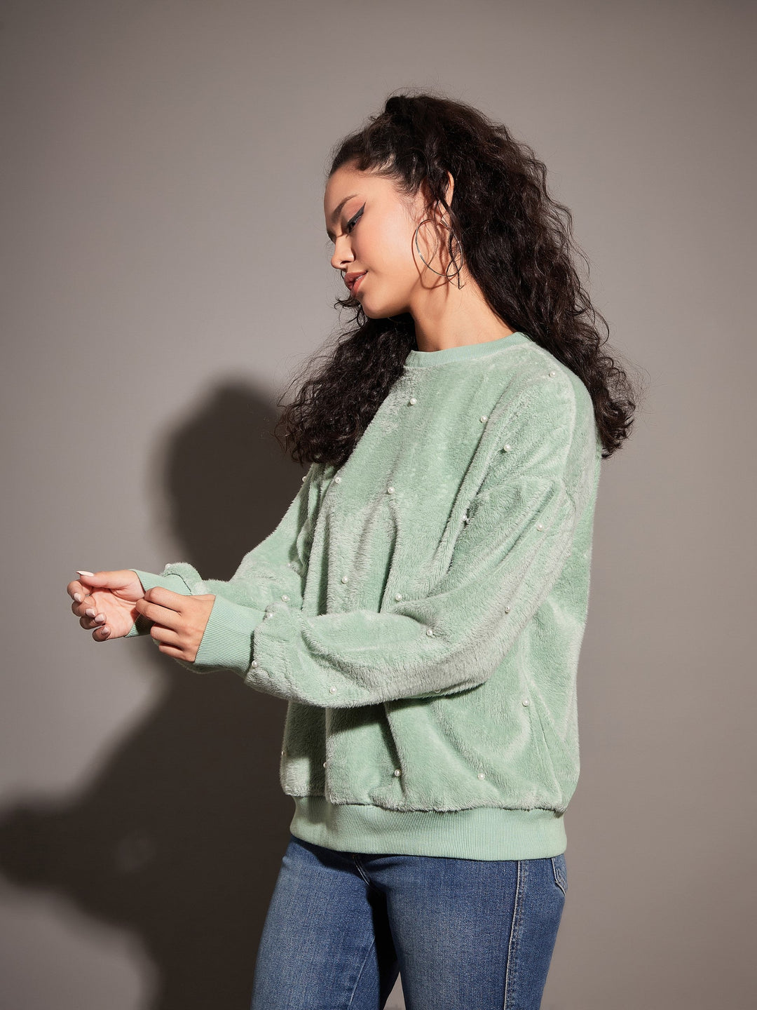 Sea Green Fur Pearl Sweatshirt