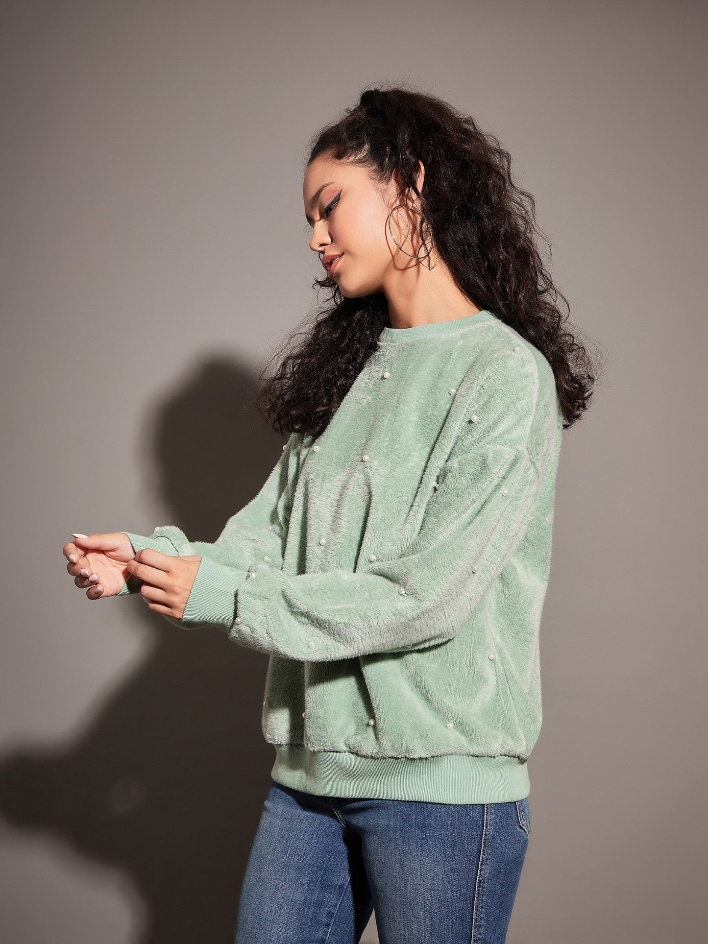 Sea Green Fur Pearl Sweatshirt