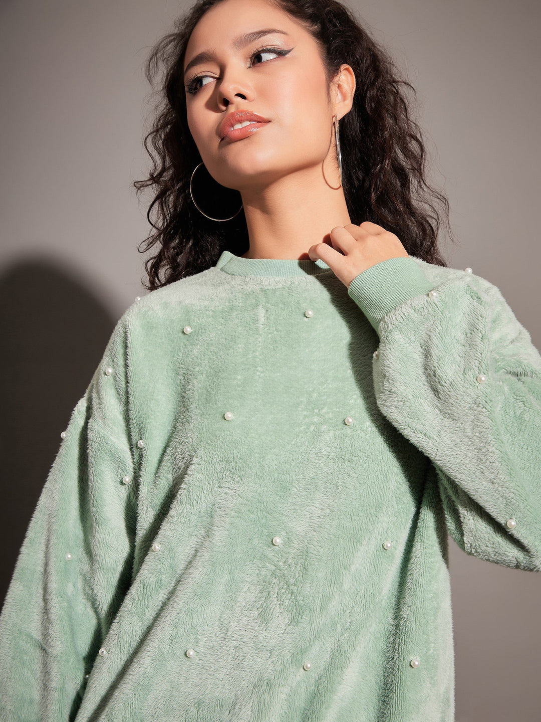 Sea Green Fur Pearl Sweatshirt