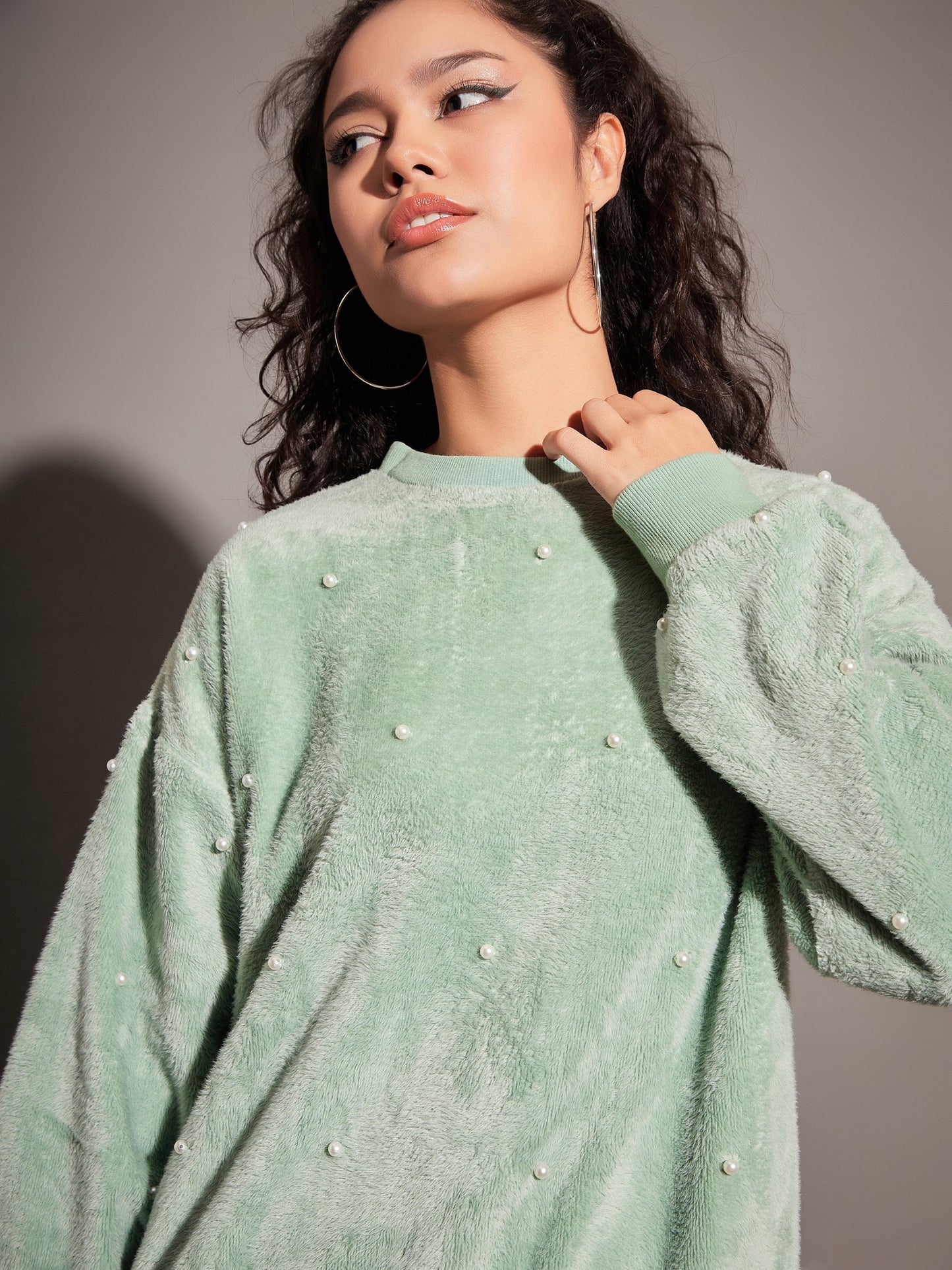 Sea Green Fur Pearl Sweatshirt
