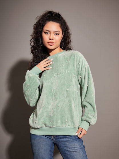 Sea Green Fur Pearl Sweatshirt