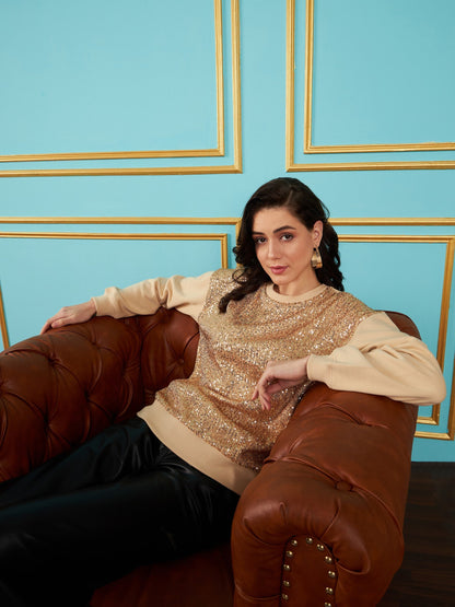 Beige Sequin Oversized Sweatshirt