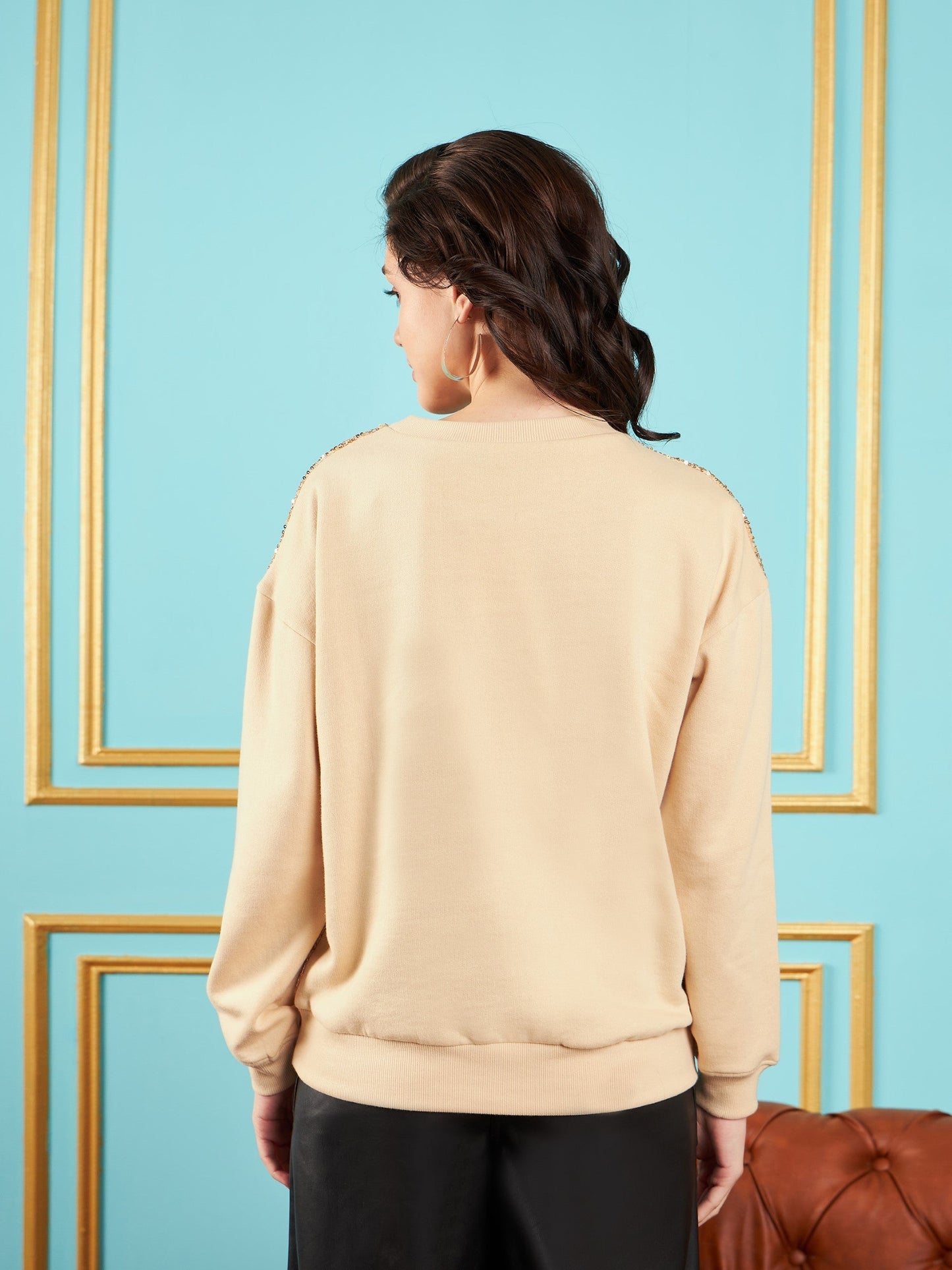 Beige Sequin Oversized Sweatshirt
