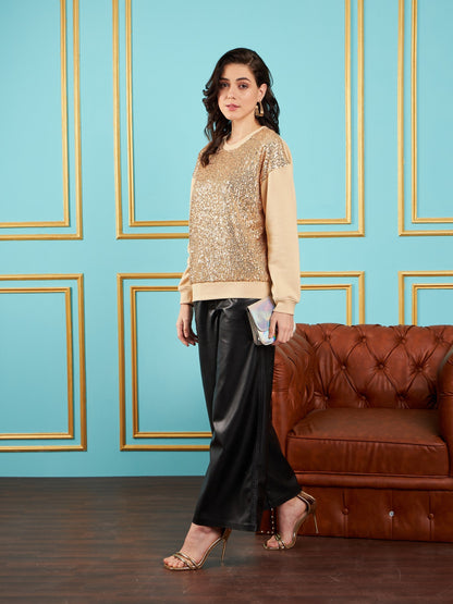Beige Sequin Oversized Sweatshirt