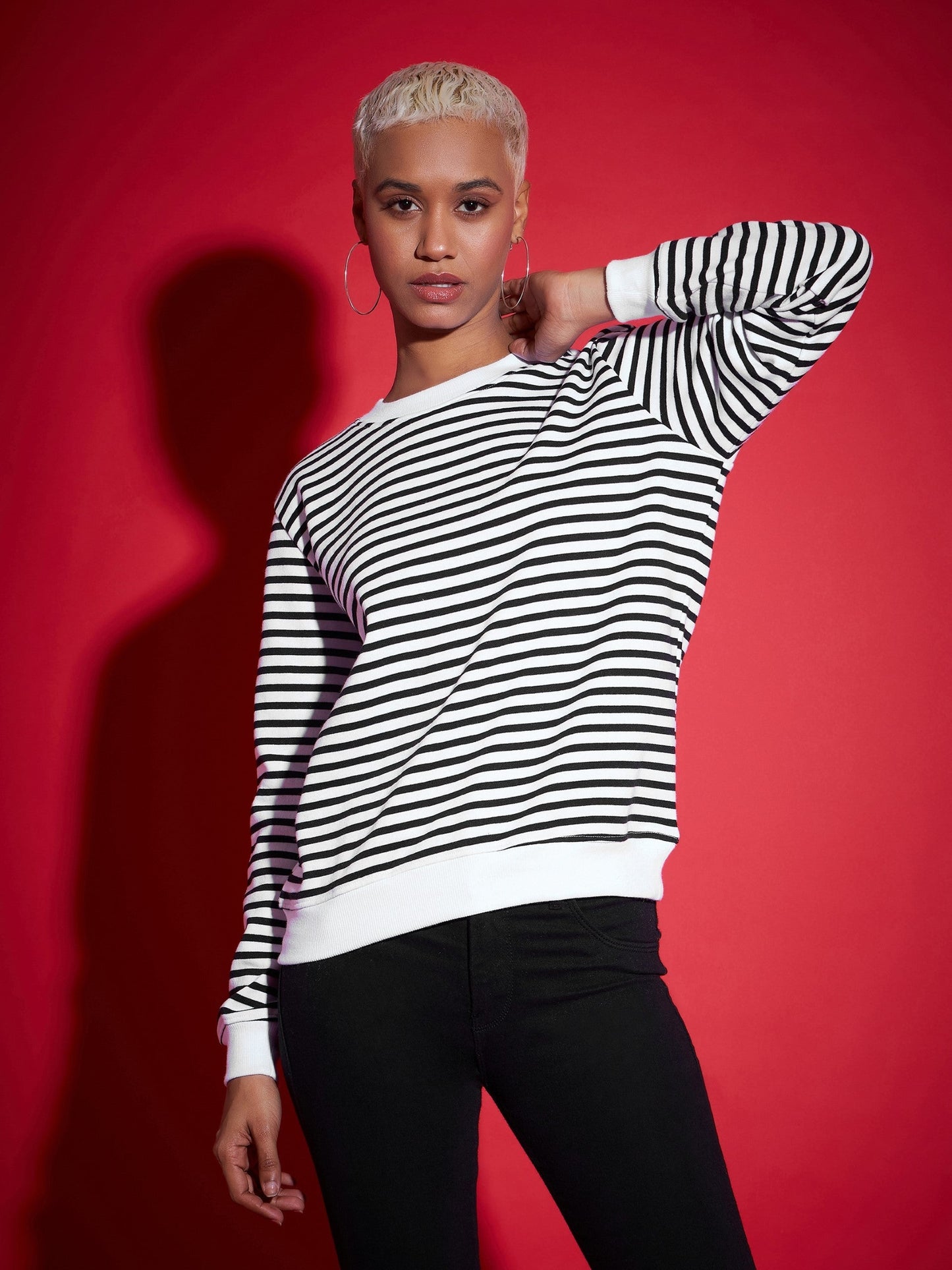 Black & White Striped Fleece Sweatshirt
