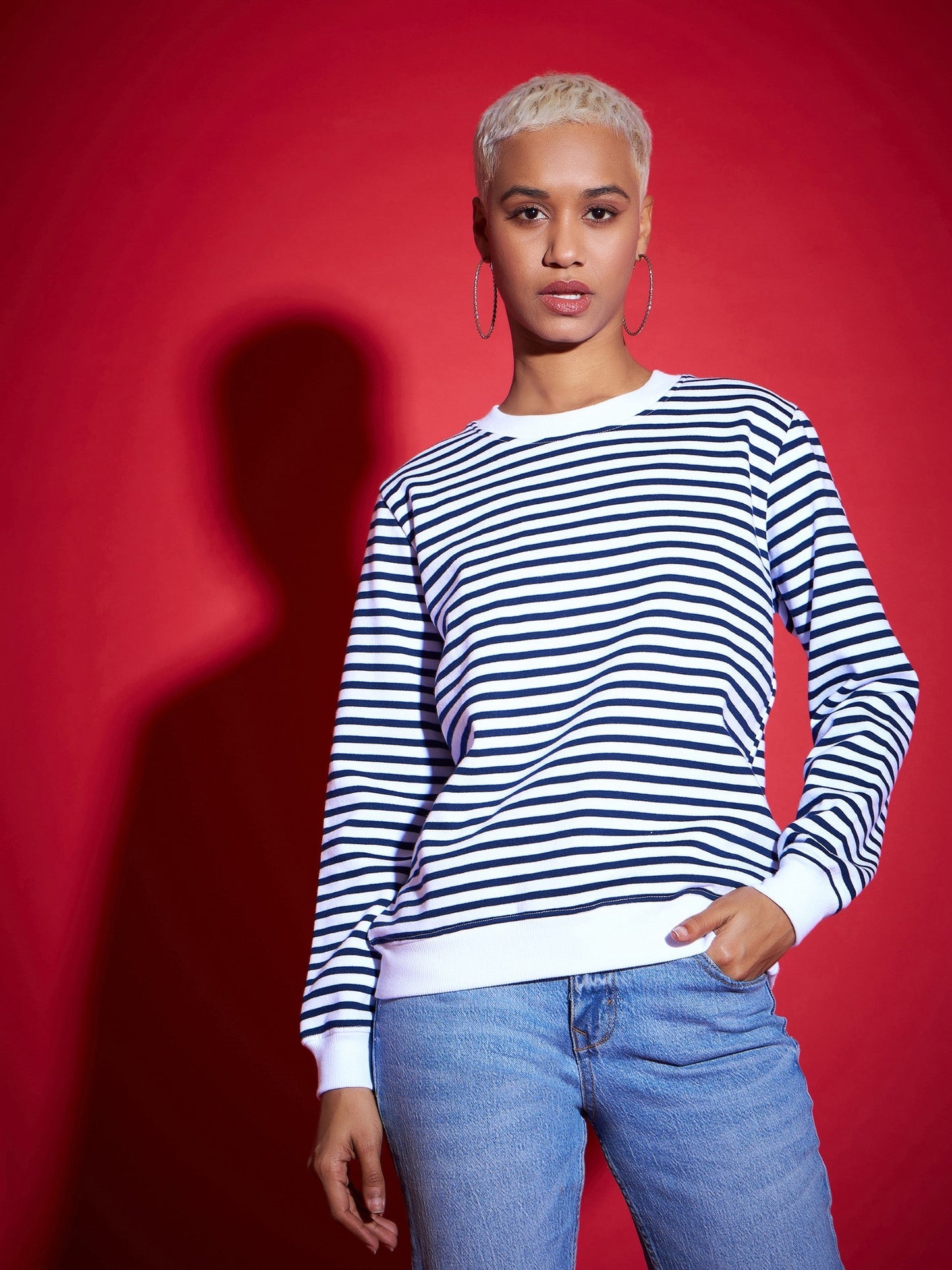 Navy & White Striped Fleece Sweatshirt