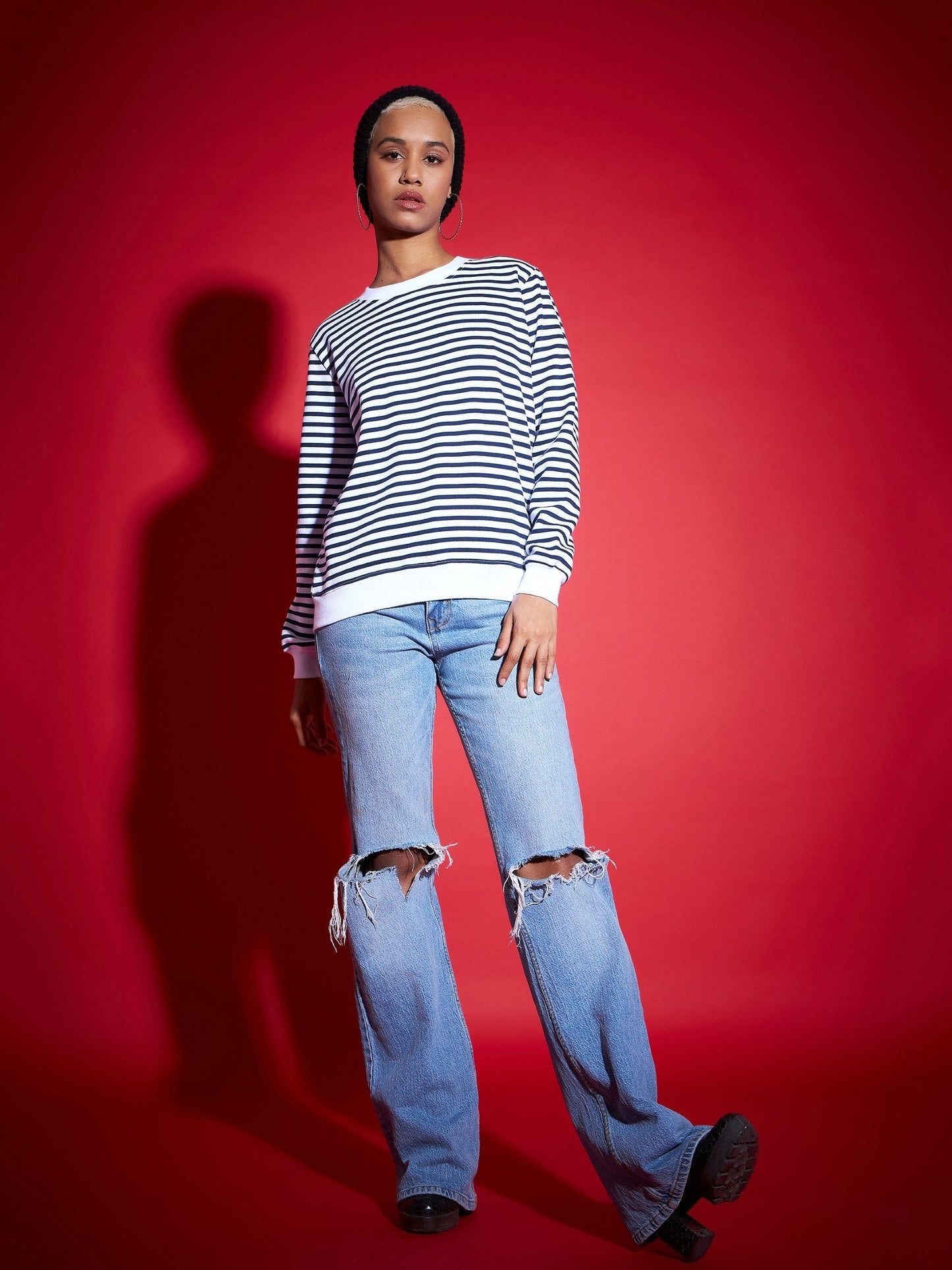 Navy & White Striped Fleece Sweatshirt