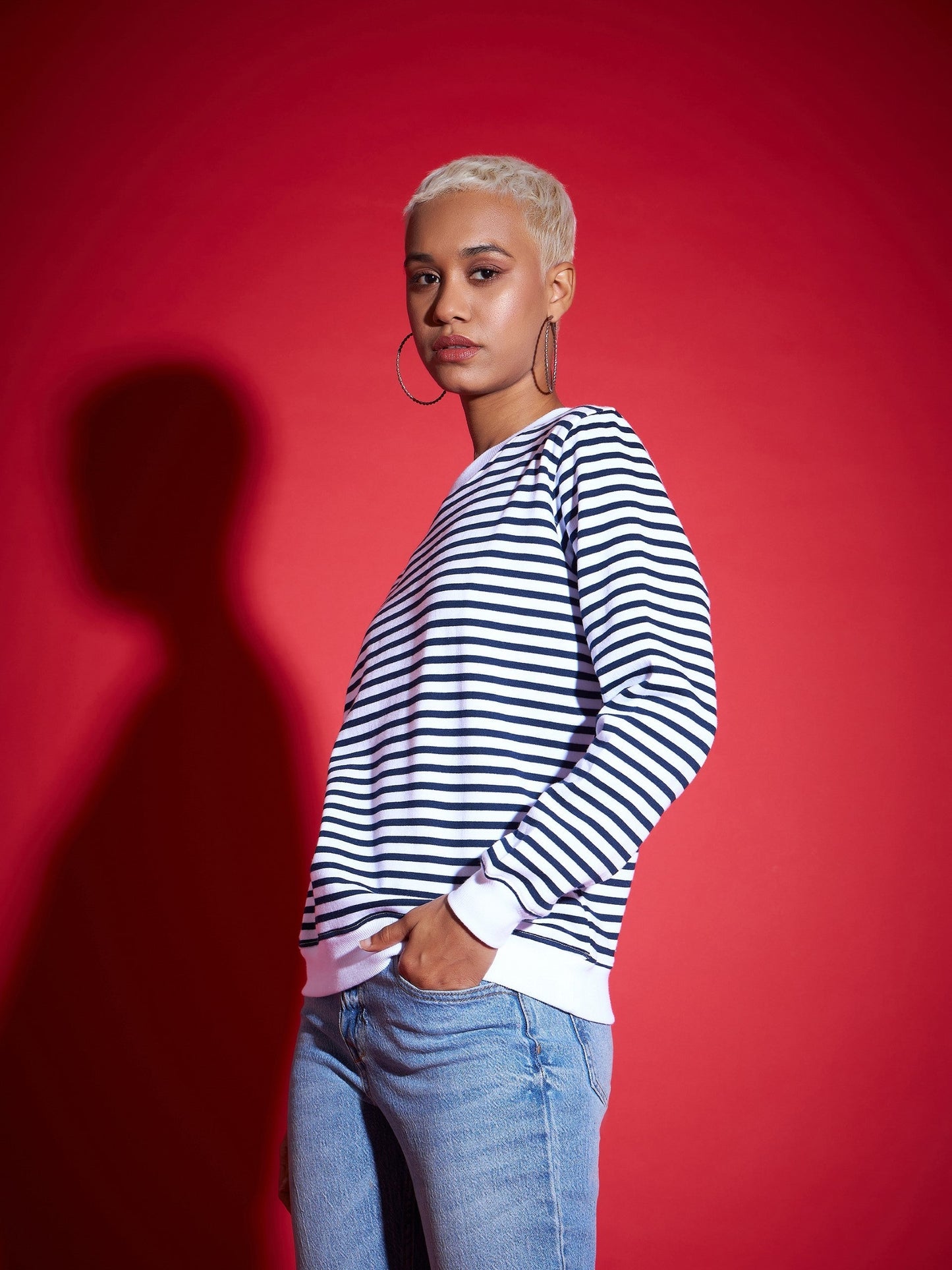 Navy & White Striped Fleece Sweatshirt