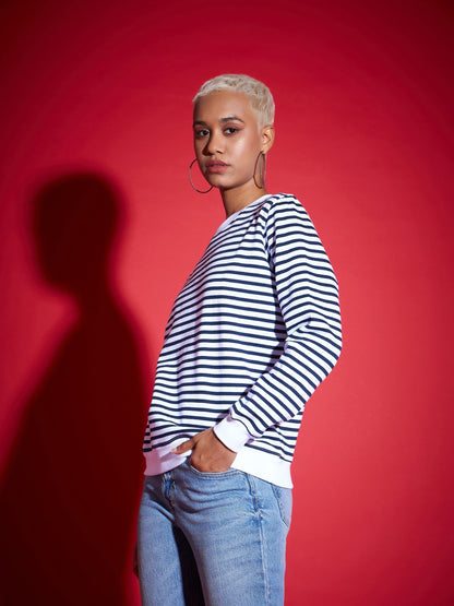 Navy & White Striped Fleece Sweatshirt