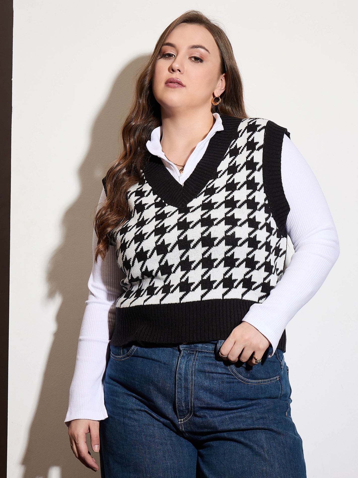 Plus size women's Black 100% Acrylic Black Houndstooth V-Neck Sweater Vest by Sassafras Curve for wholesale buyers, boutiques, resellers and bulk