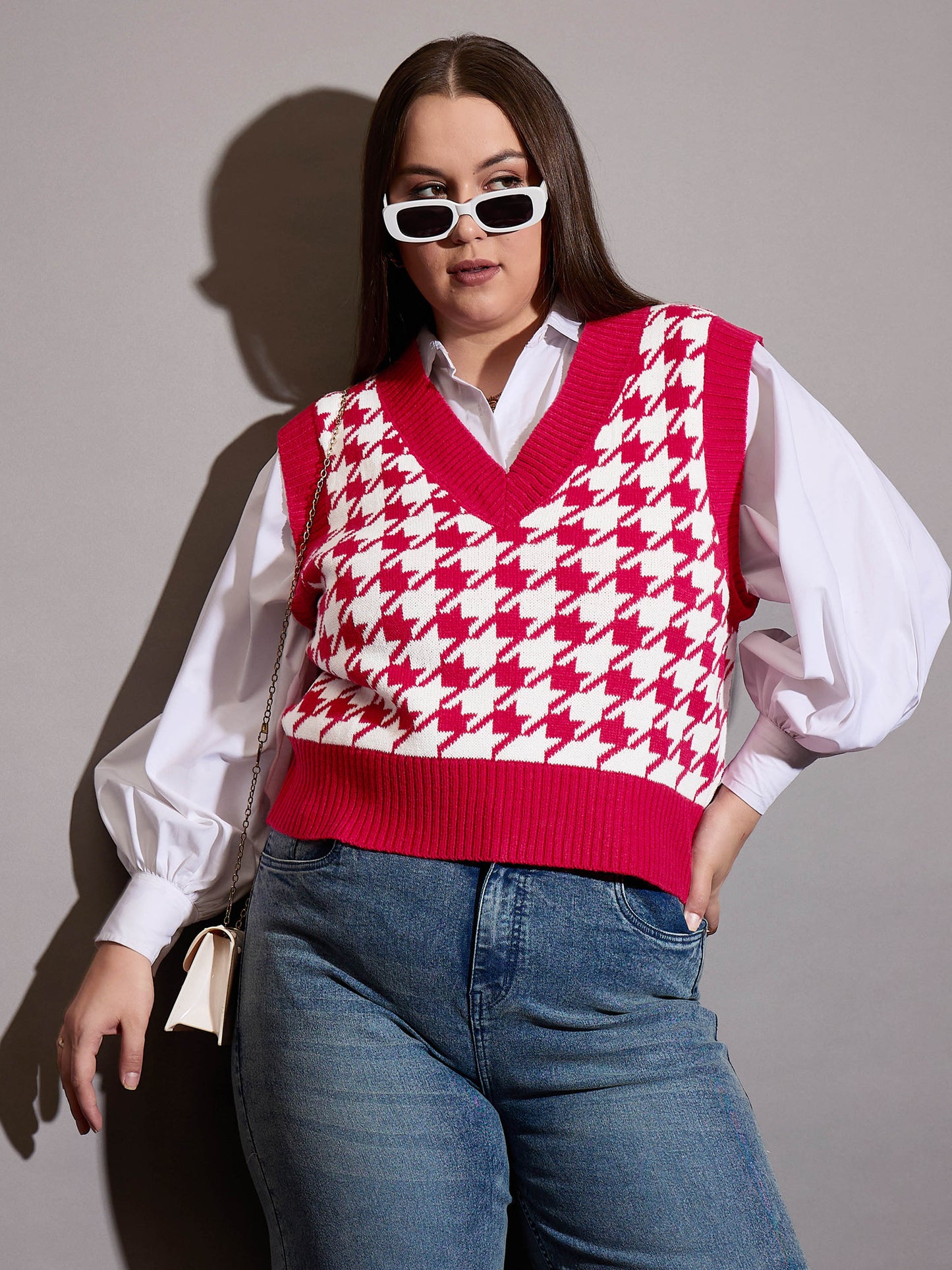 Red Houndstooth V-Neck Sweater Vest