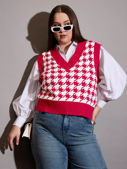 Red Houndstooth V-Neck Sweater Vest