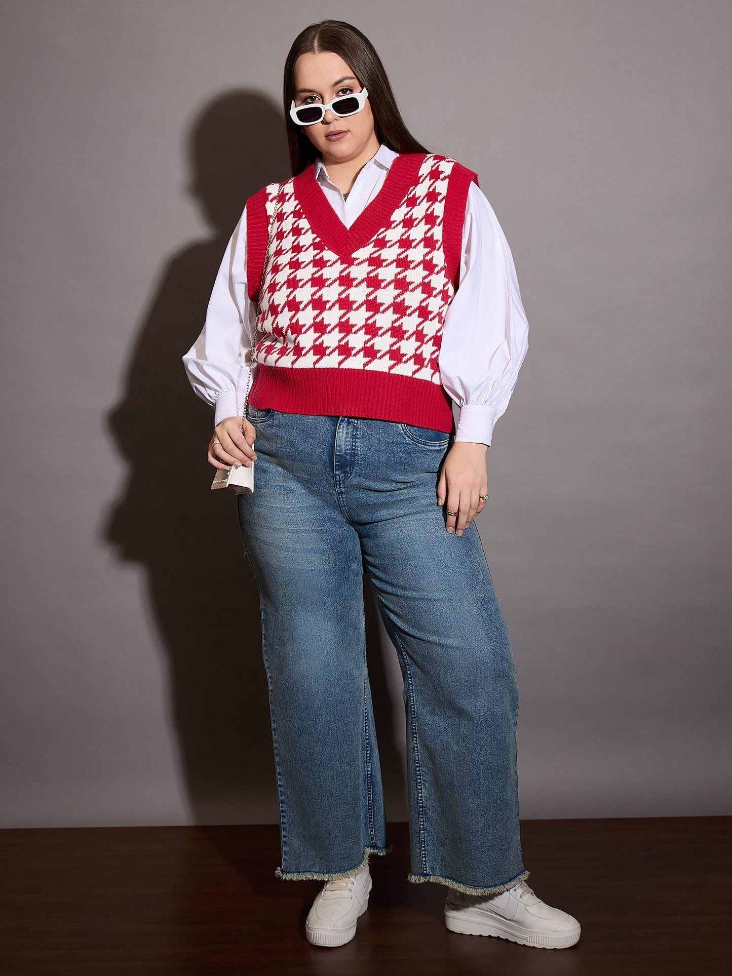 Red Houndstooth V-Neck Sweater Vest