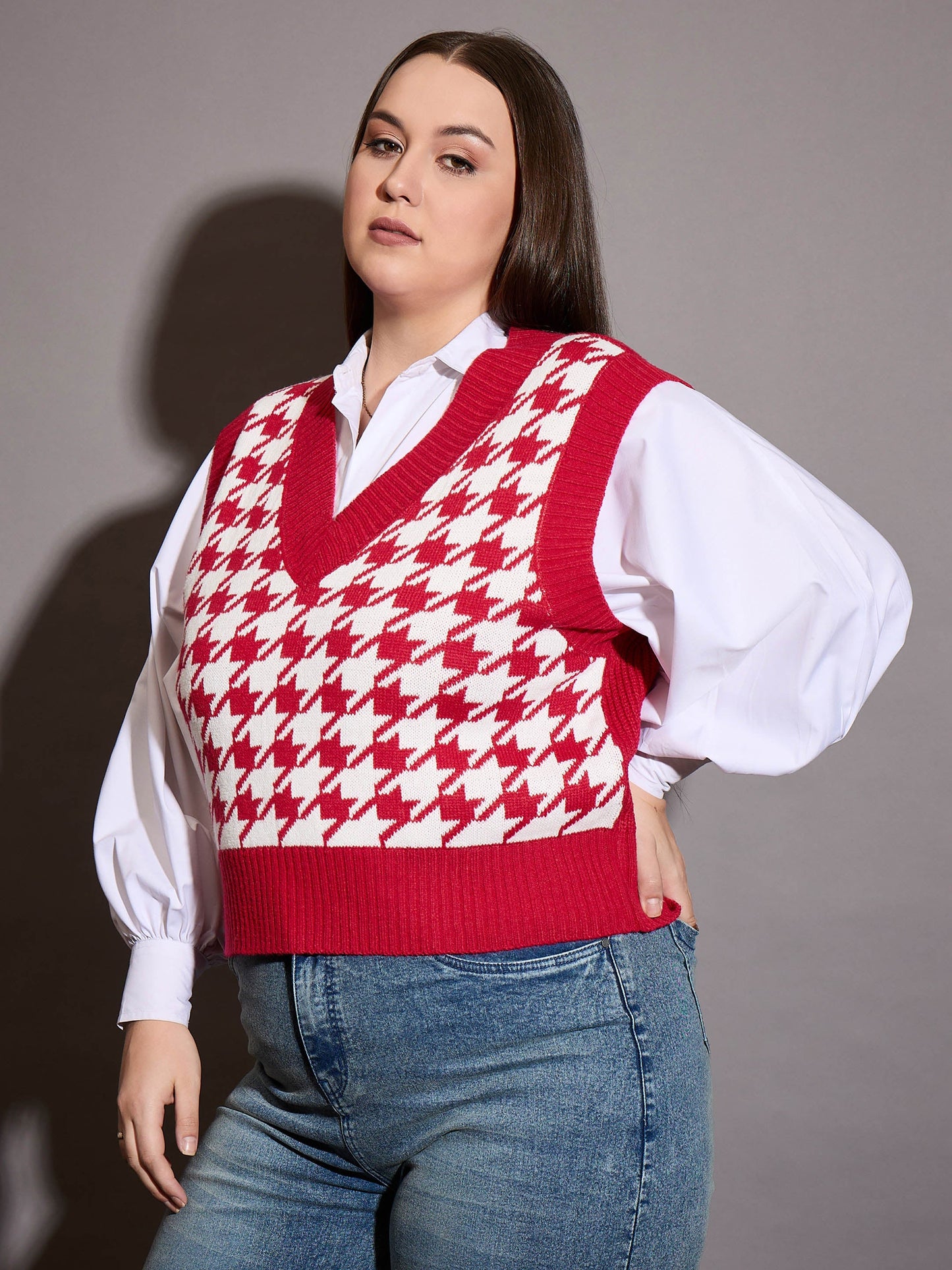 Red Houndstooth V-Neck Sweater Vest