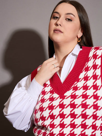 Red Houndstooth V-Neck Sweater Vest