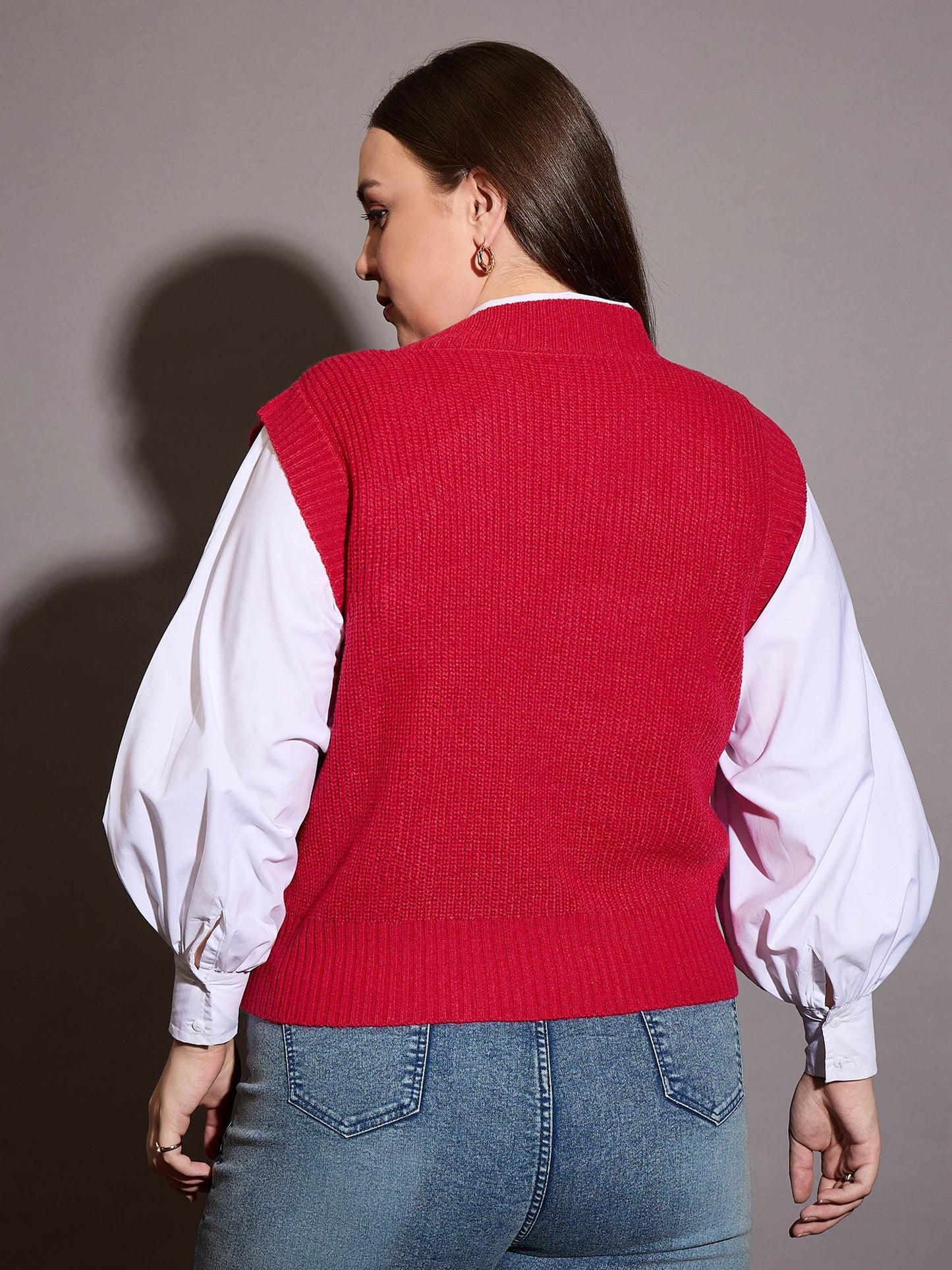 Red Houndstooth V-Neck Sweater Vest