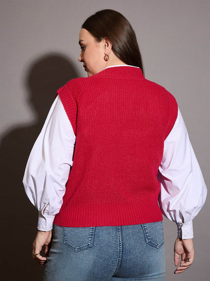 Red Houndstooth V-Neck Sweater Vest