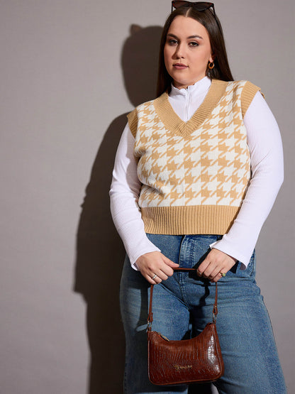 Brown Houndstooth V-Neck Sweater Vest