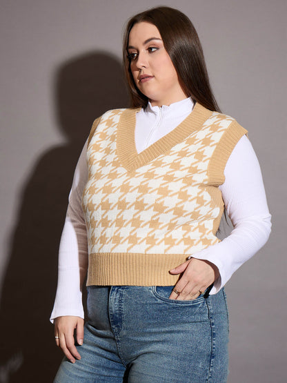Brown Houndstooth V-Neck Sweater Vest
