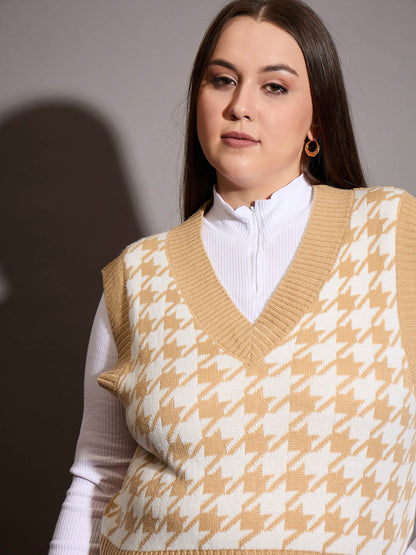 Brown Houndstooth V-Neck Sweater Vest