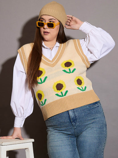 Beige Floral V-Neck Sweater Vest