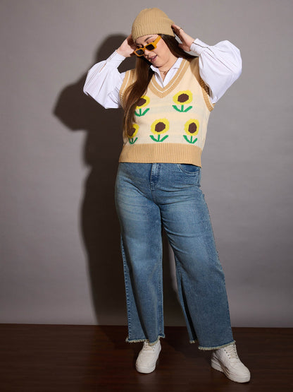 Beige Floral V-Neck Sweater Vest