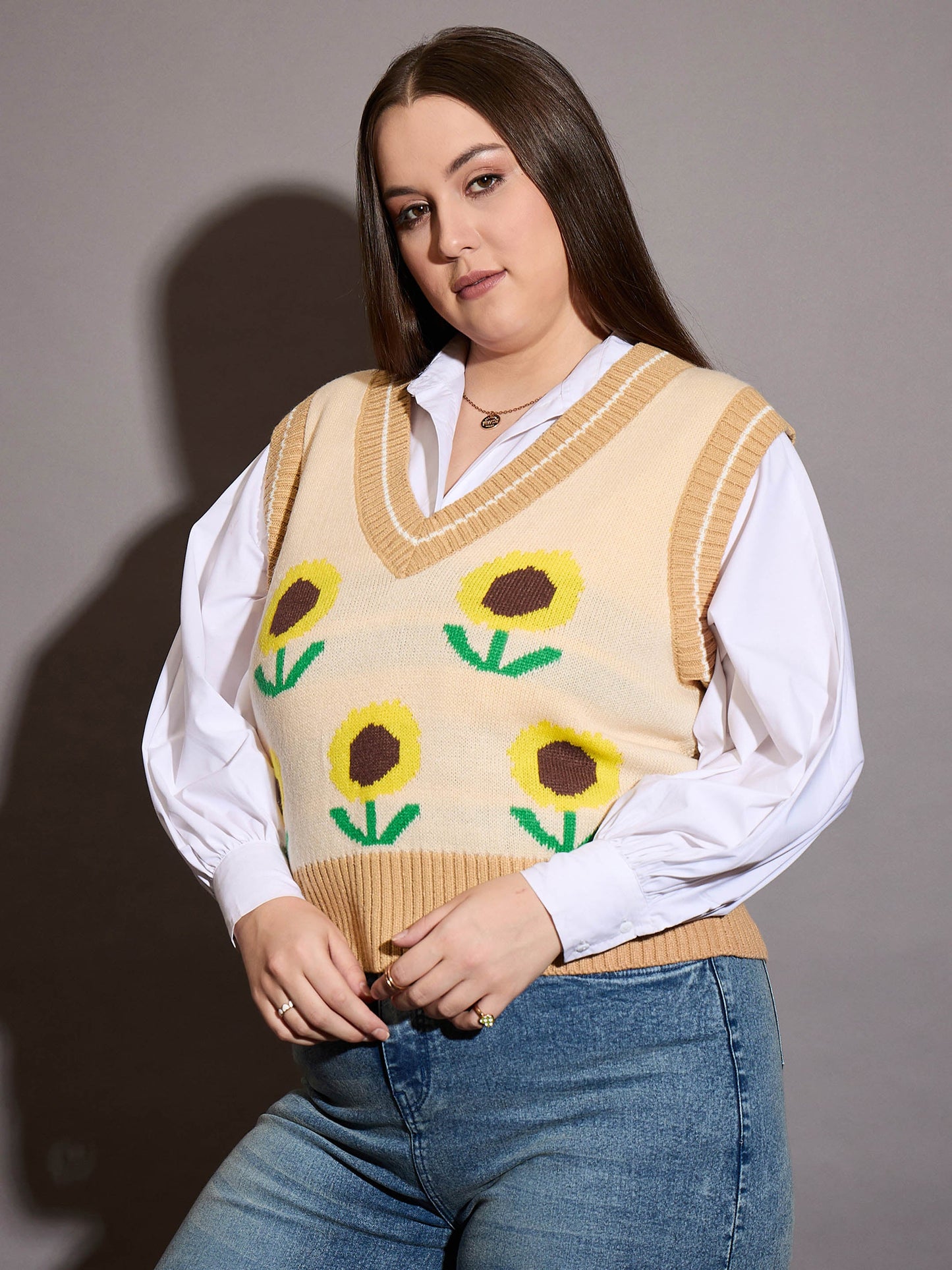 Beige Floral V-Neck Sweater Vest