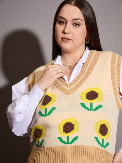 Beige Floral V-Neck Sweater Vest