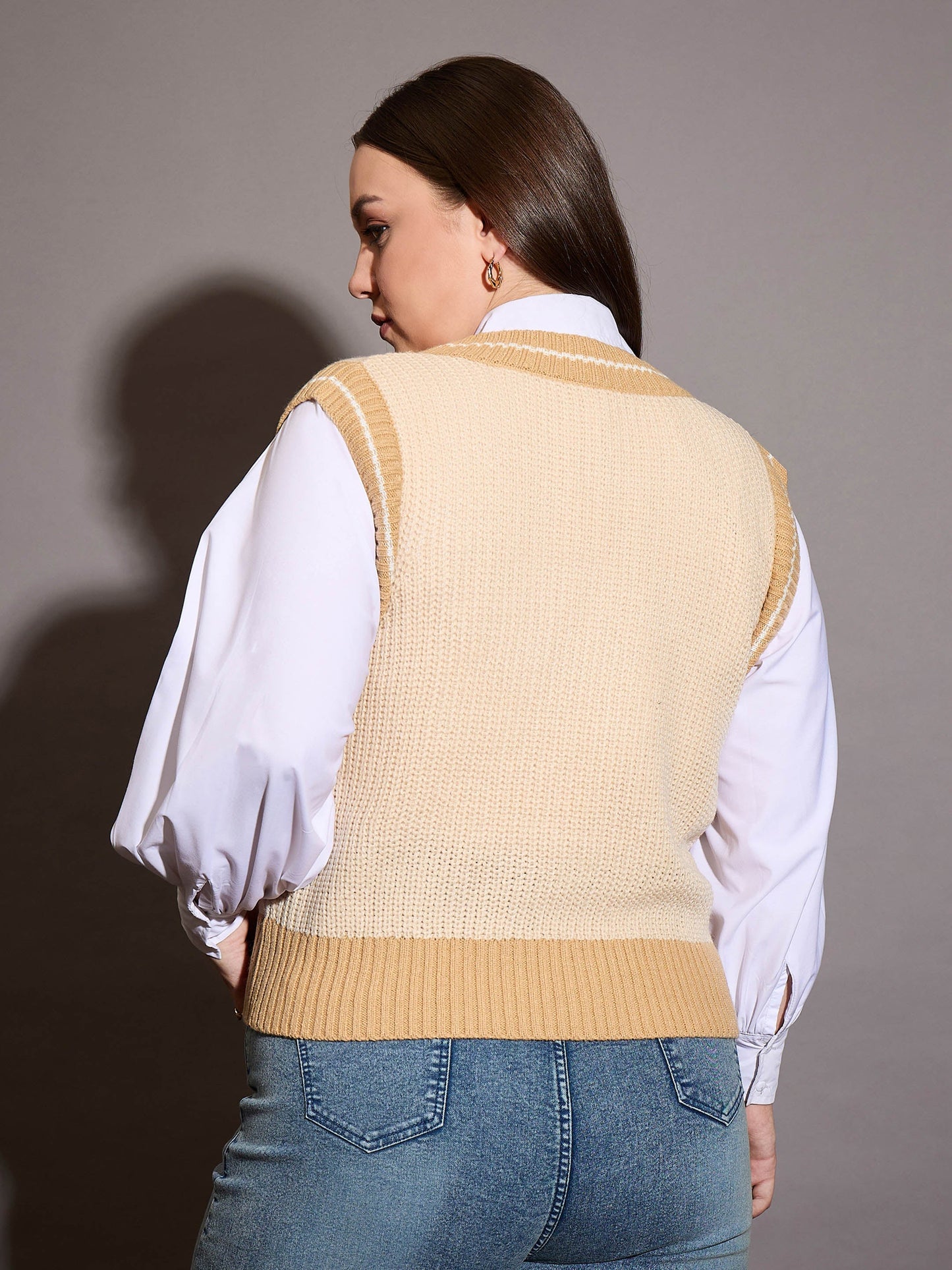 Beige Floral V-Neck Sweater Vest