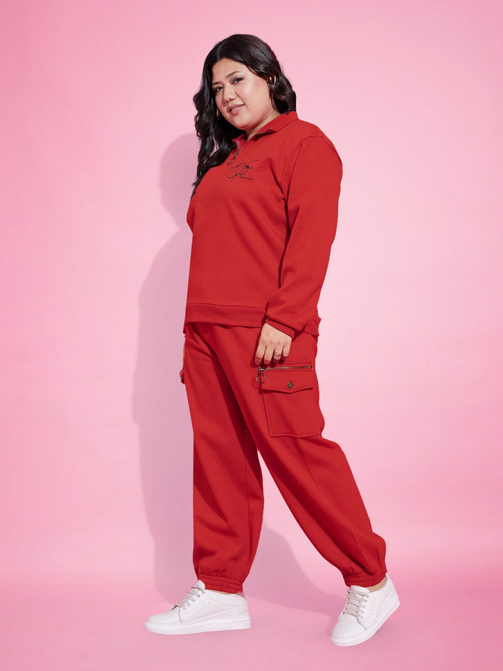 Red Fleece HOPE Zipper Sweatshirt With Joggers-SASSAFRAS Curve