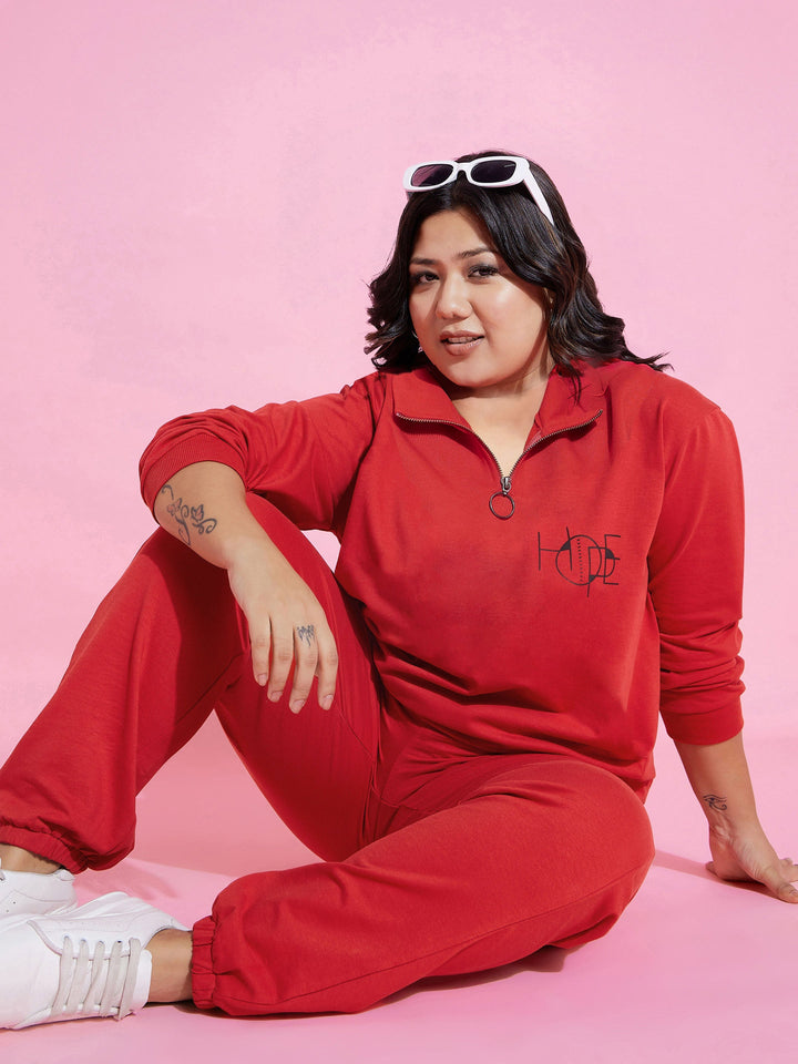 Women Red Fleece Hope Zipper Sweatshirt With Joggers