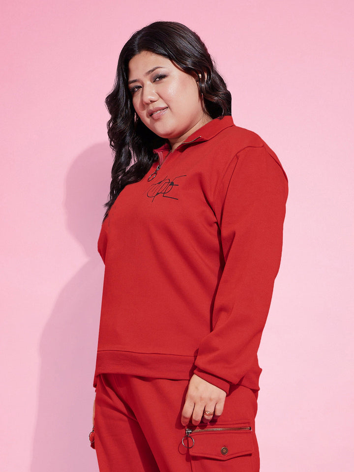 Women Red Fleece Hope Zipper Sweatshirt With Joggers