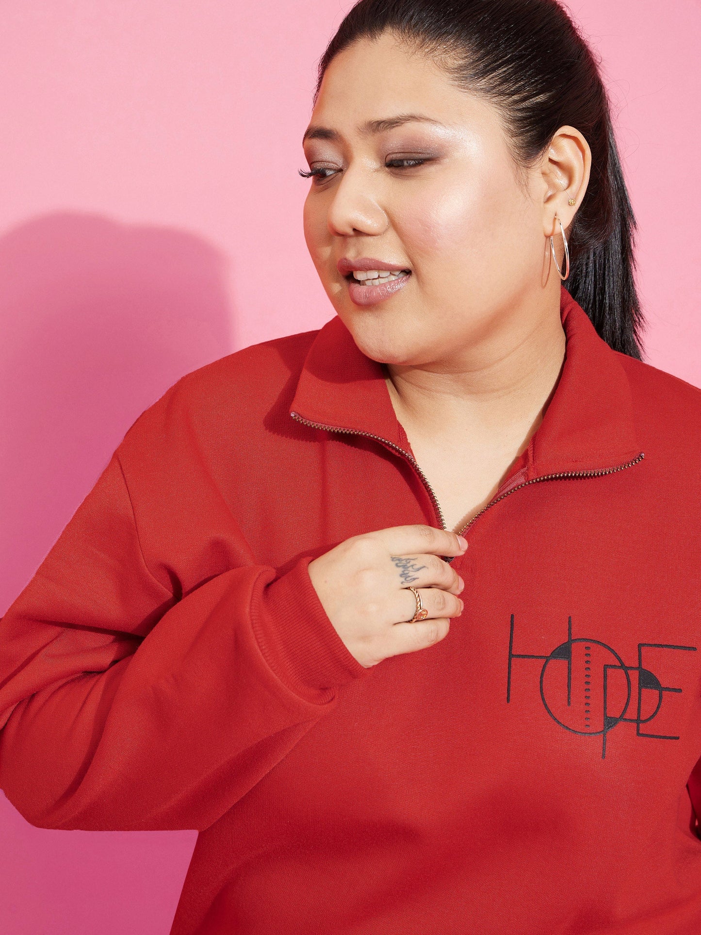 Women Red Fleece Hope Zipper Sweatshirt With Joggers