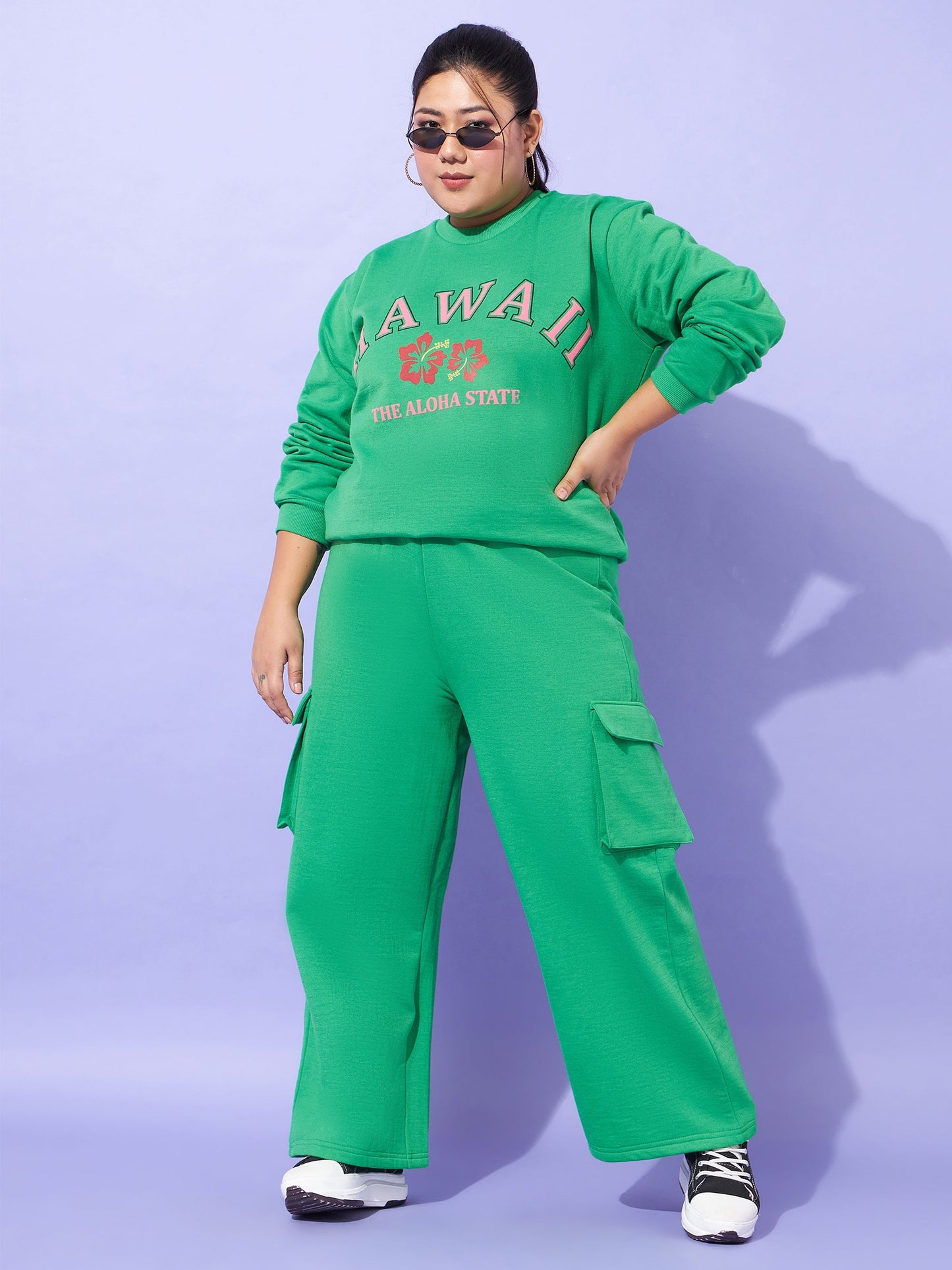 Plus size women's Green Polycotton Green Fleece Hawaii Sweatshirt With Track Pants by Sassafras Curve for wholesale buyers, boutiques, resellers and