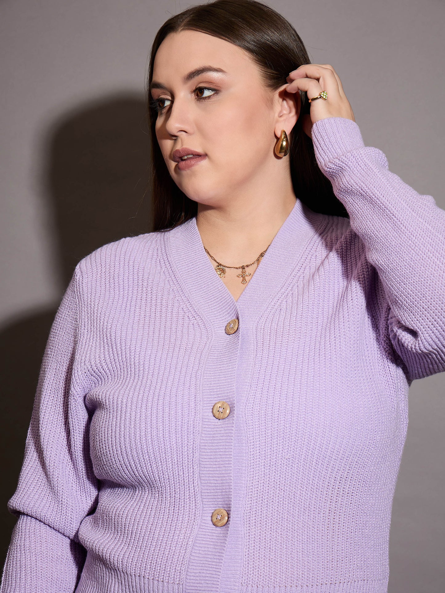 Curve Lavender Front Button Cardigan
