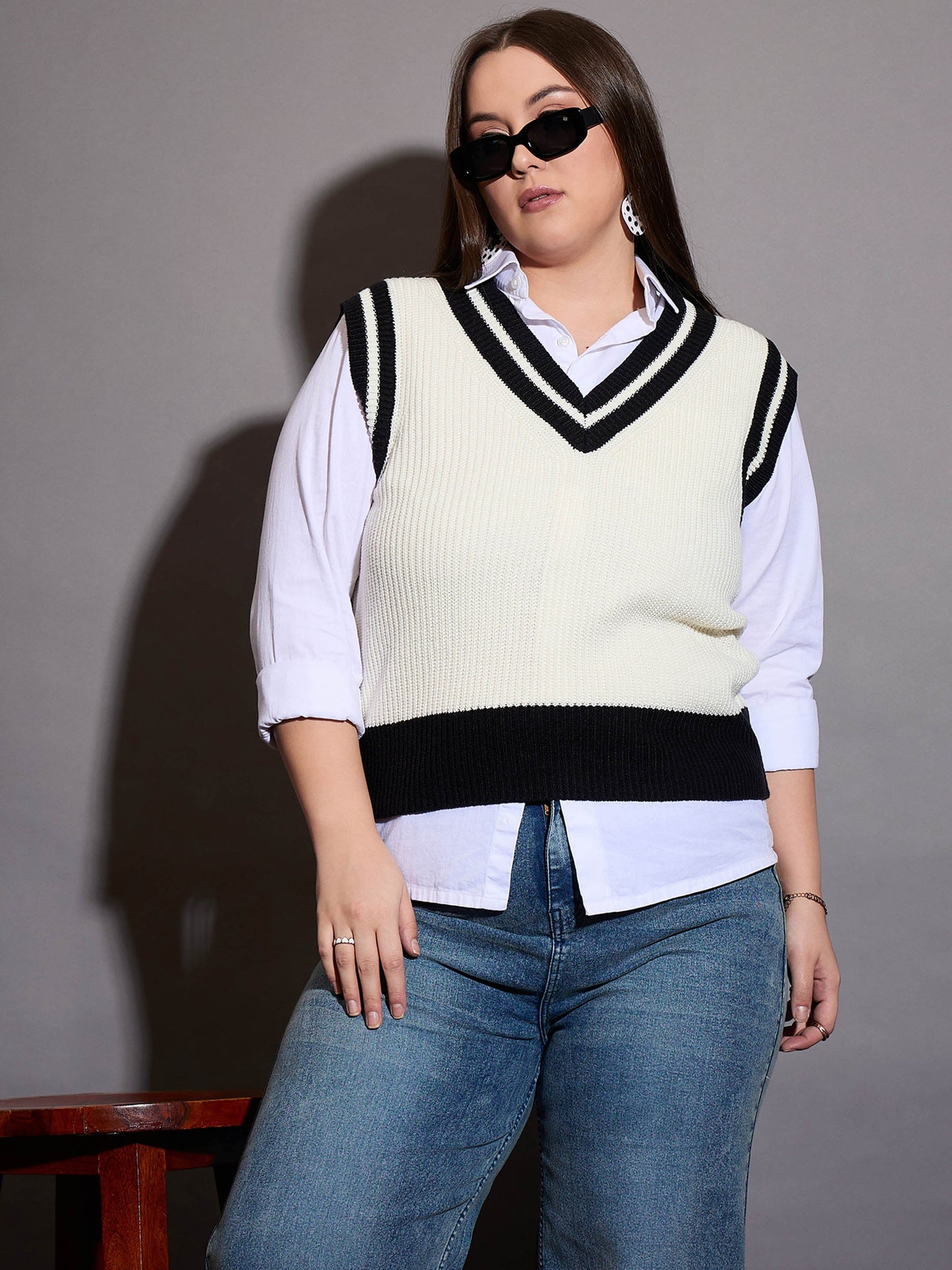 Curve Black & White Striped V-Neck Sweater Vest