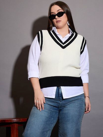 Curve Black & White Striped V-Neck Sweater Vest