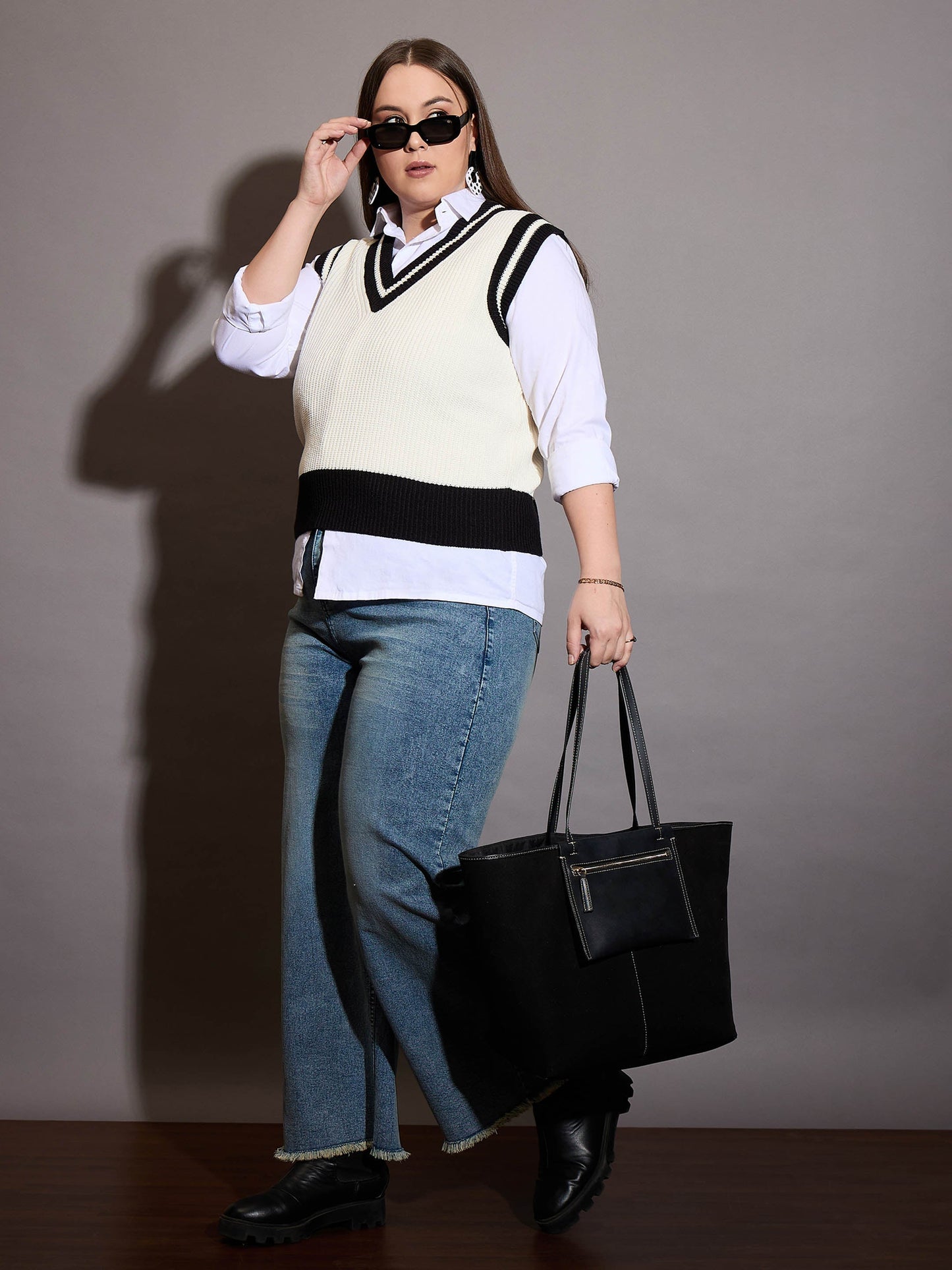 Curve Black & White Striped V-Neck Sweater Vest