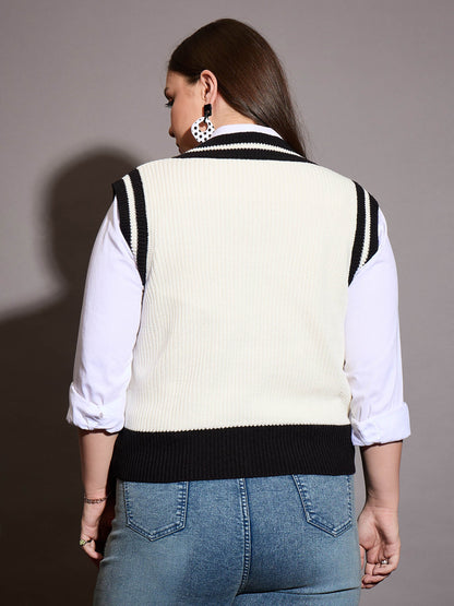 Curve Black & White Striped V-Neck Sweater Vest