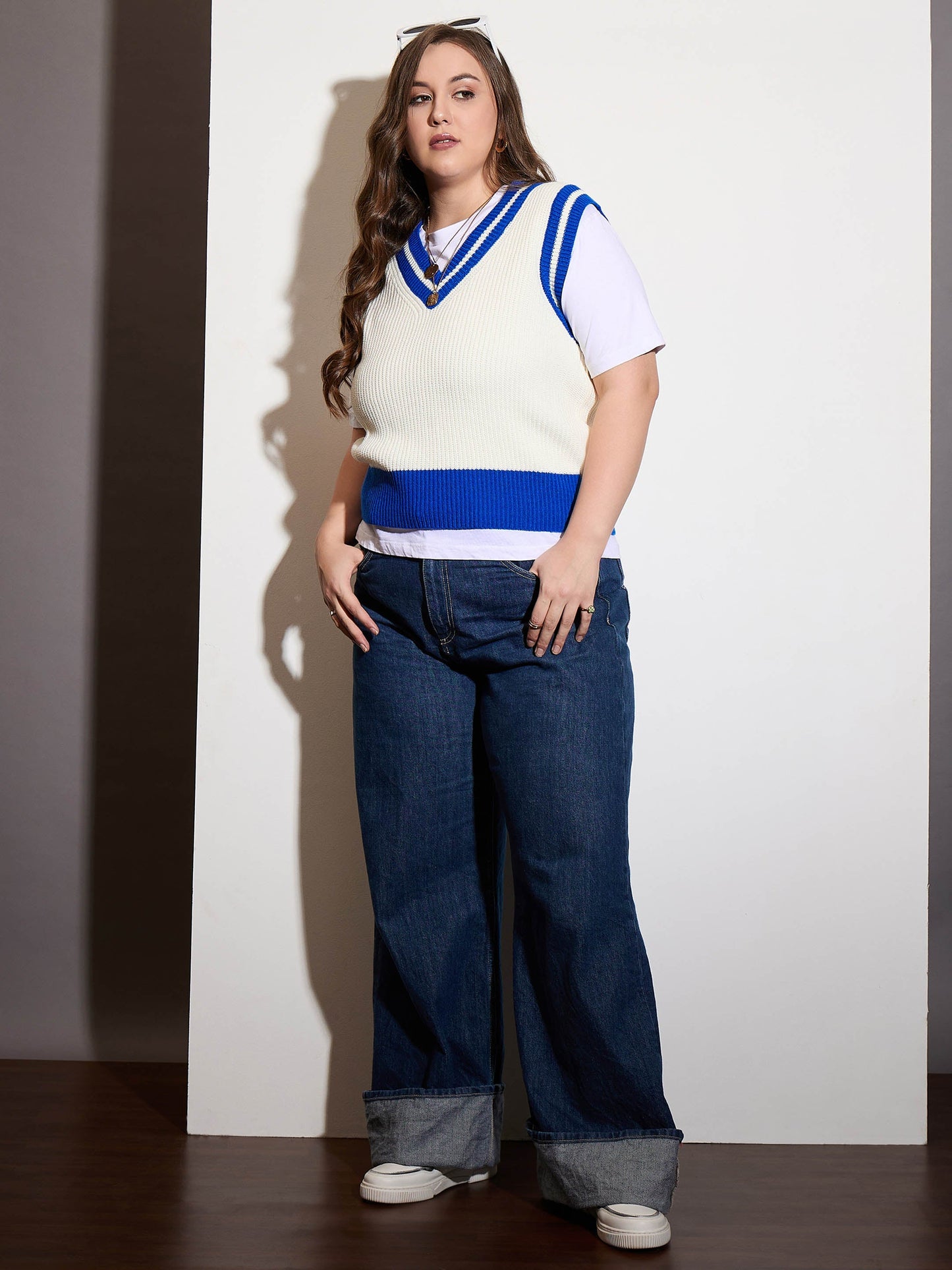 Curve Royal Blue & White Striped V-Neck Sweater Vest