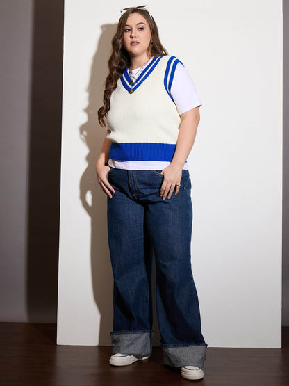 Curve Royal Blue & White Striped V-Neck Sweater Vest