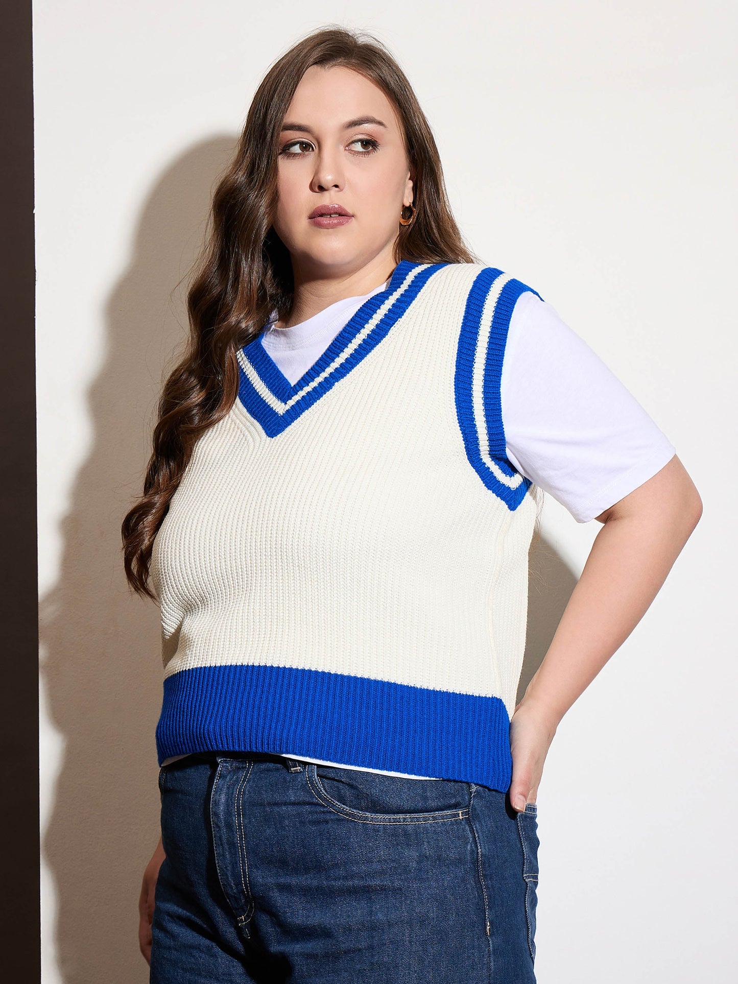 Curve Royal Blue & White Striped V-Neck Sweater Vest