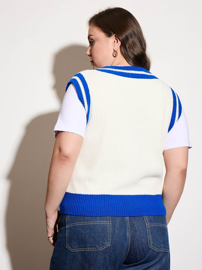Curve Royal Blue & White Striped V-Neck Sweater Vest