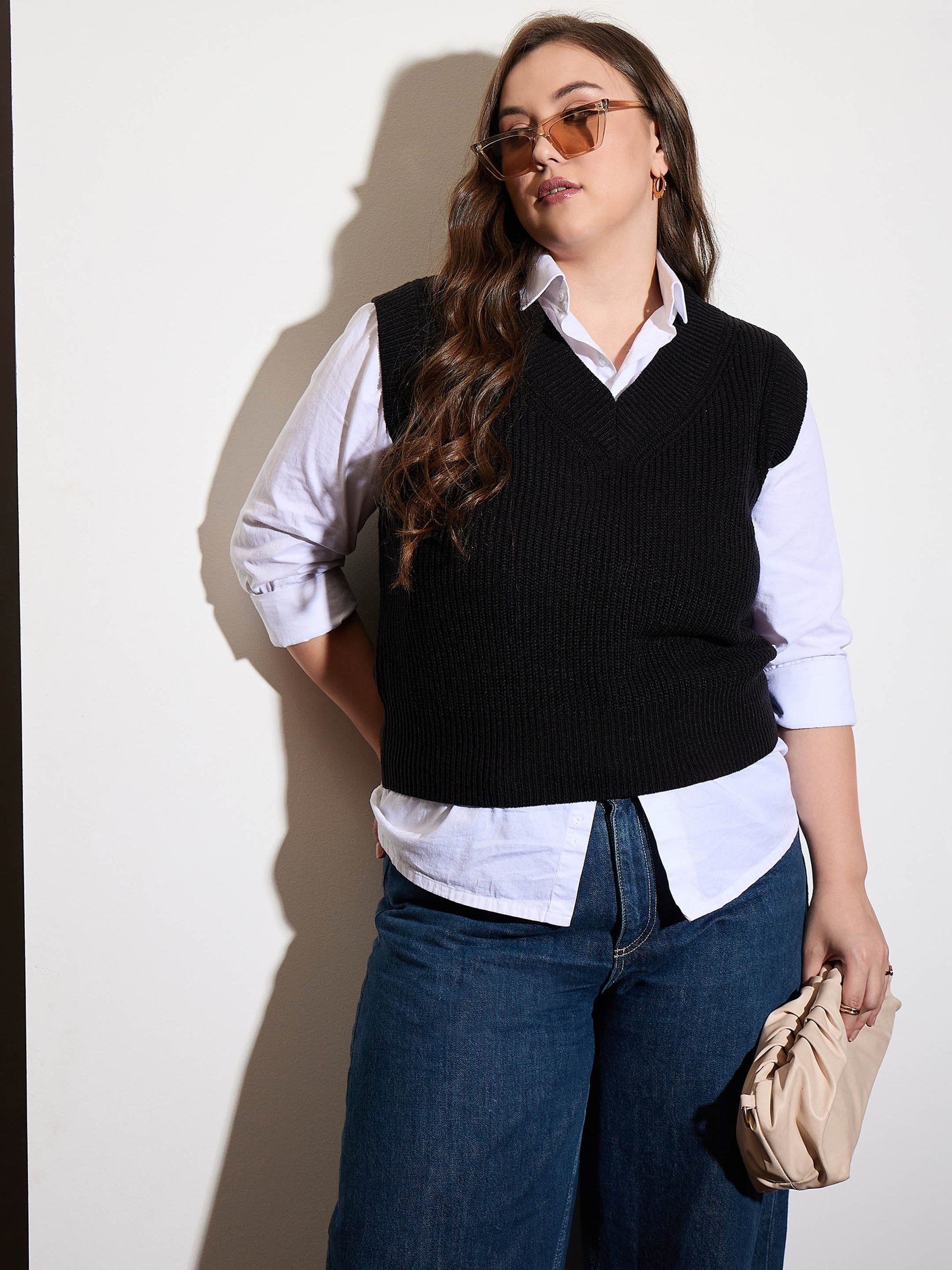 Plus size women's Black 100% Acrylic Curve Black Solid V-Neck Sweater Vest by Sassafras Curve for wholesale buyers, boutiques, resellers and bulk