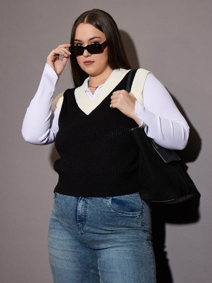 Curve Black & White Solid V-Neck Sweater Vest