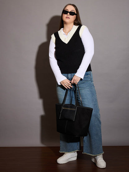 Curve Black & White Solid V-Neck Sweater Vest
