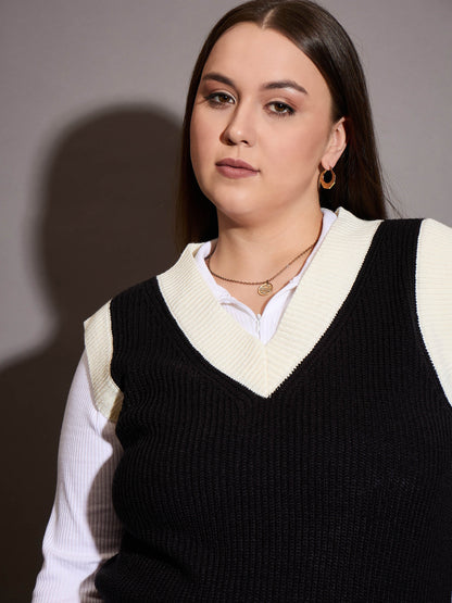 Curve Black & White Solid V-Neck Sweater Vest