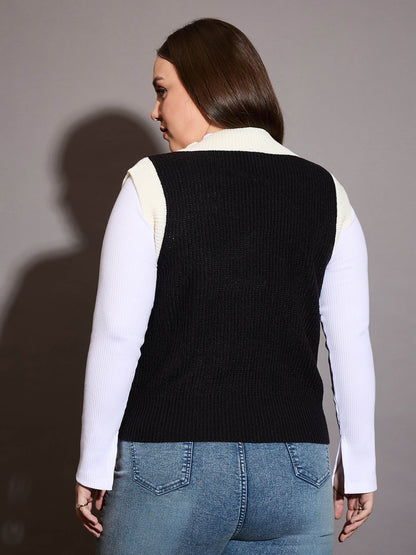 Curve Black & White Solid V-Neck Sweater Vest