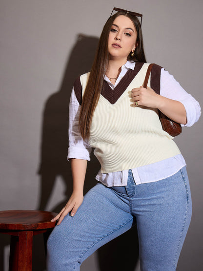 Curve White & Brown Solid V-Neck Sweater Vest